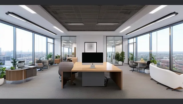 Professional photograph of a modern commercial office space with natural lighting