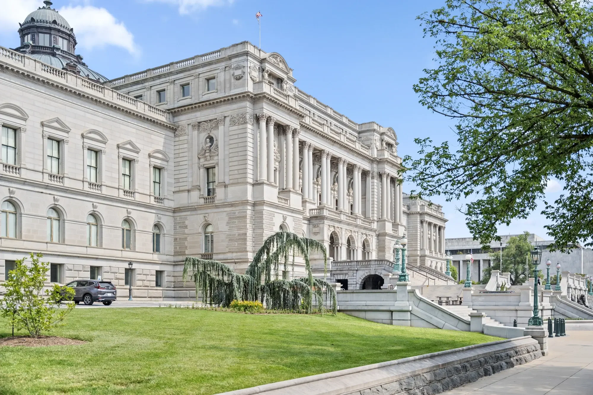 Library of Congress with green lawn on a clear day, Capitol Hill