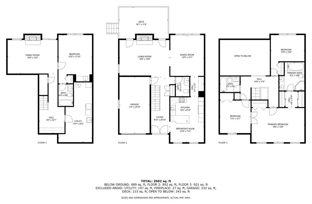 Professional multi-floor 2D real estate floor plan with room labels, dimensions, and total square footage by Umedia
