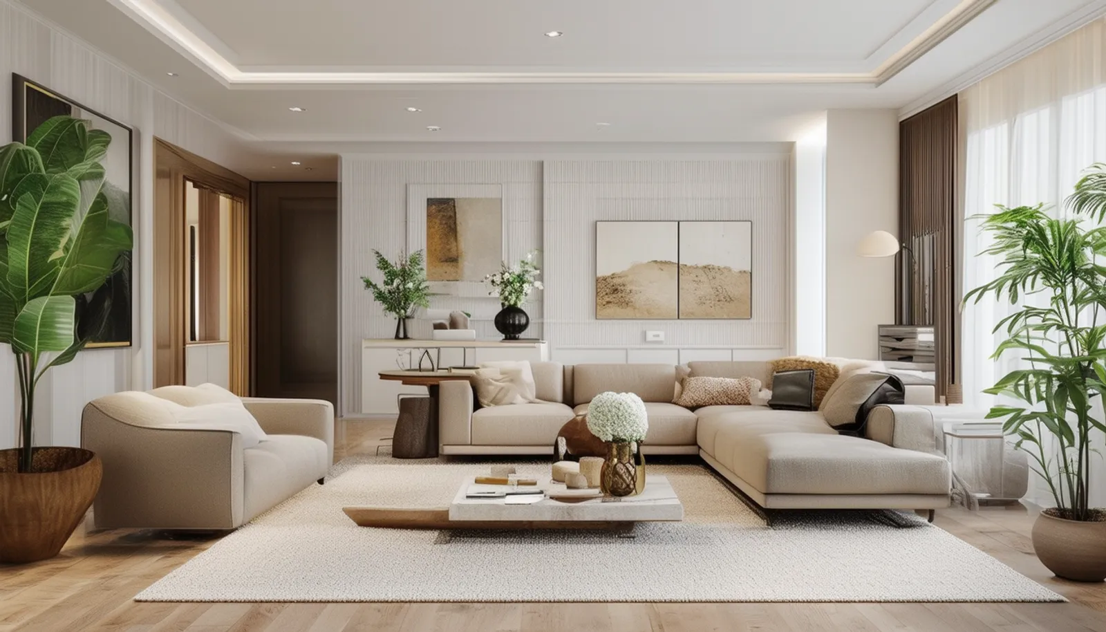 Before and after virtual staging of a modern living room