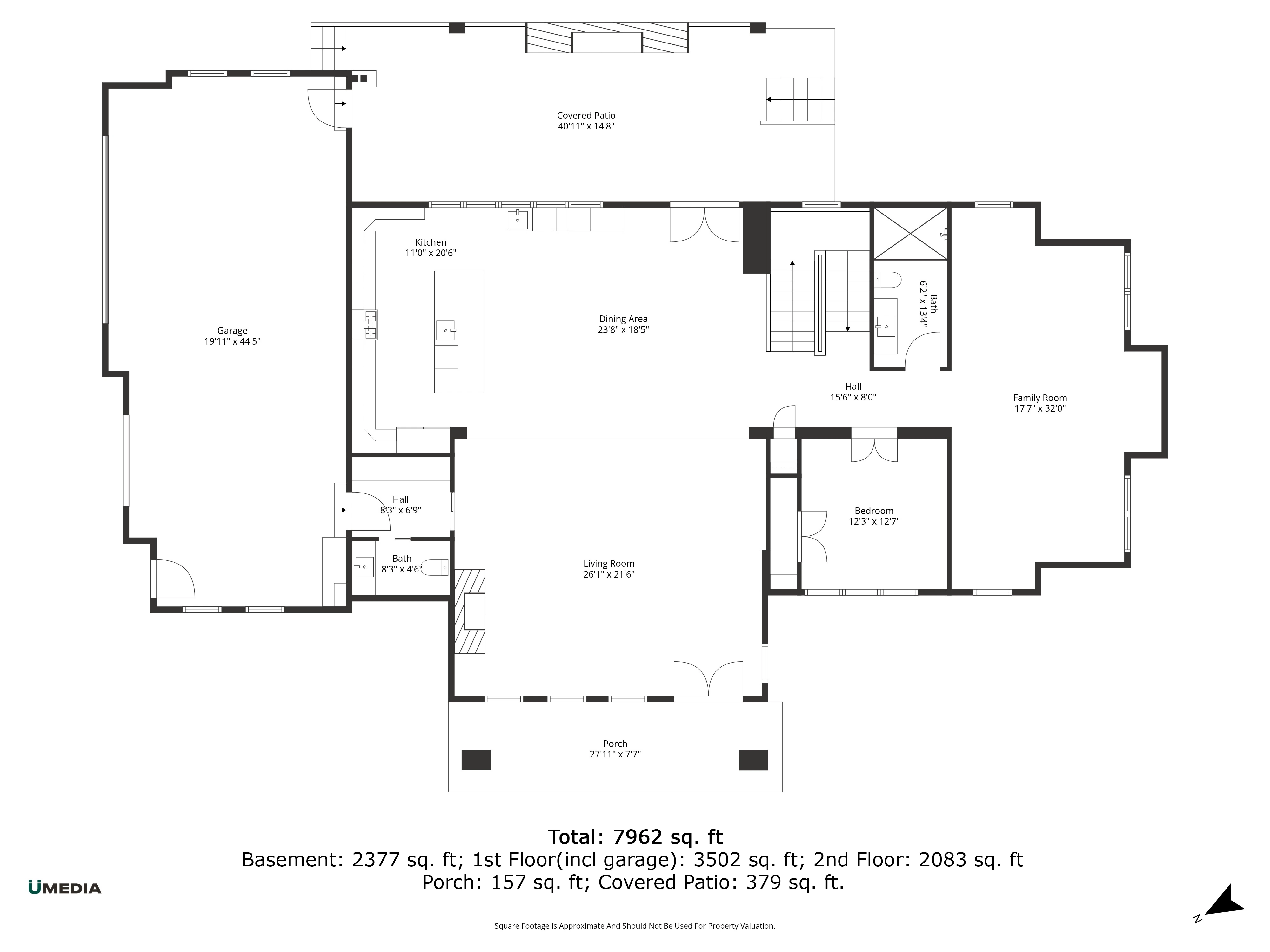 2D Floor Plan — First Floor (3,502 sqft) showing kitchen, dining area, living room, family room, garage, porch, and covered patio