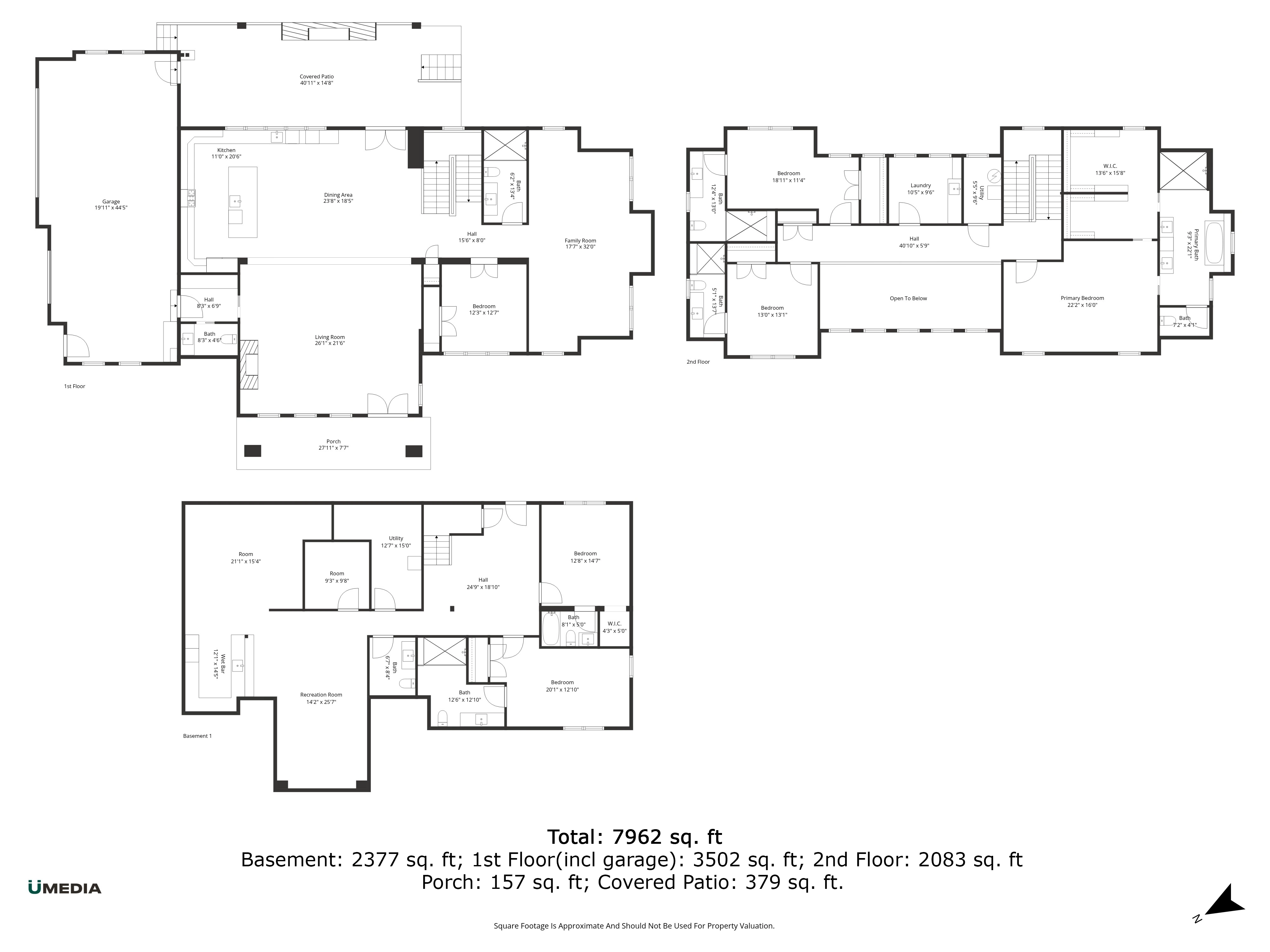 2D Floor Plan — All Floors Combined showing first floor, second floor, and basement layouts with total 7,962 sqft