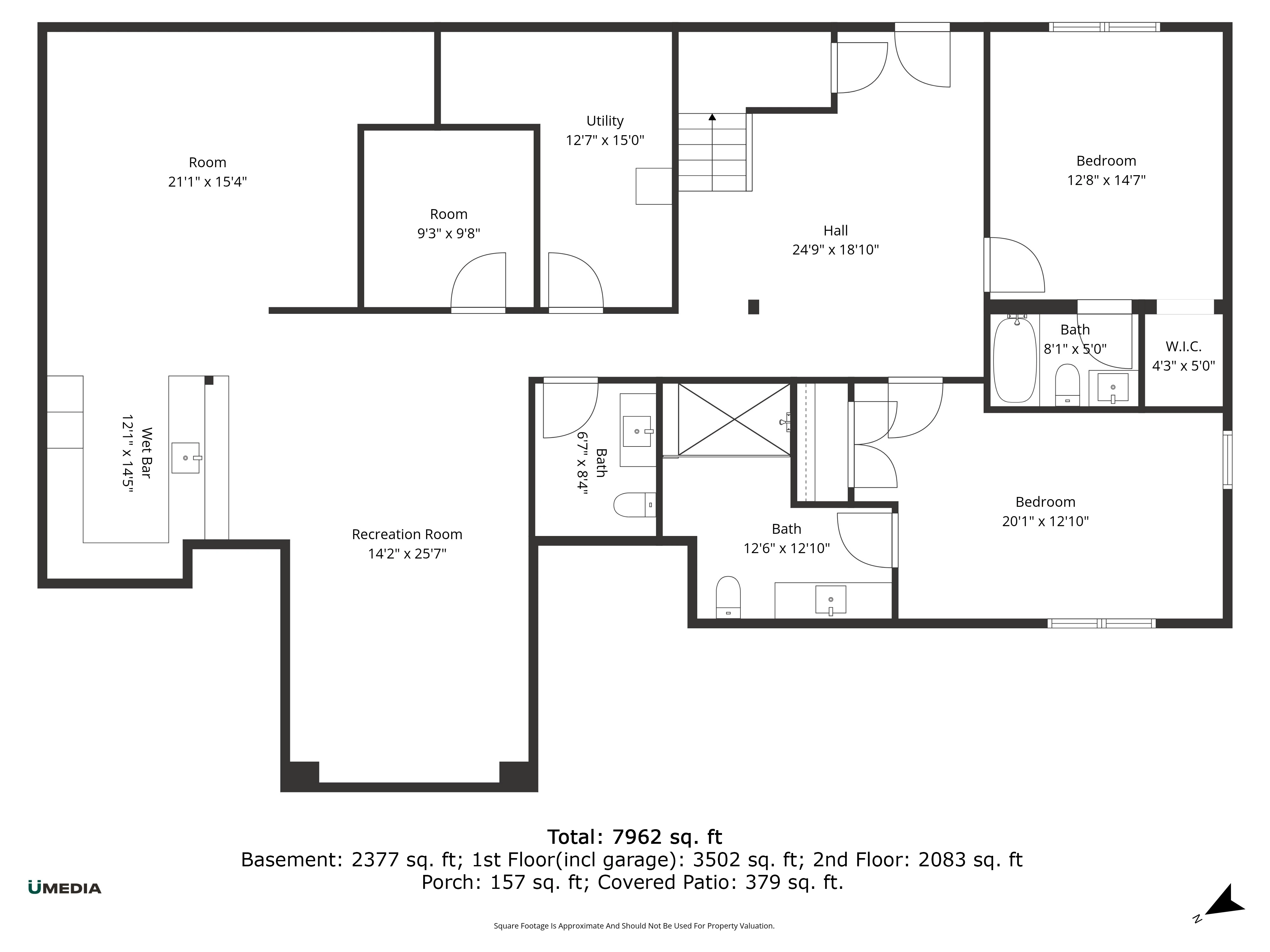 2D Floor Plan — Basement (2,377 sqft) showing recreation room, wet bar, bedrooms, bathrooms, and utility room