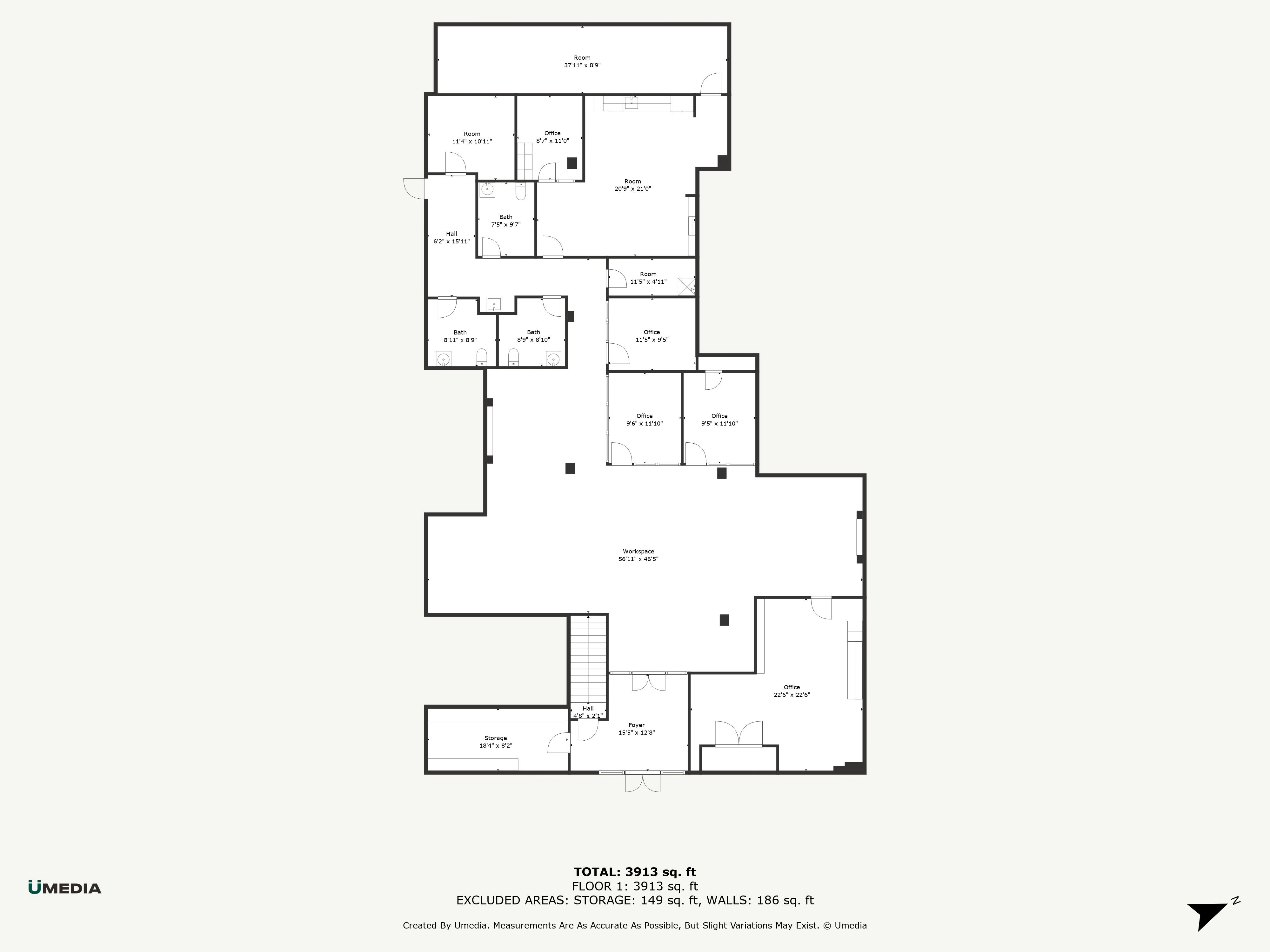 2D Floor Plan — Navy Federal Credit Union DC branch (3,913 sqft) showing main workspace, offices, teller area, vault, break room, foyer, and storage